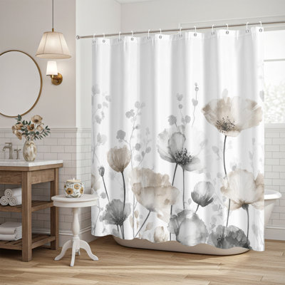 Rideau de douche Watercolor Floral 72 po x 72 po, rideau de bain minimaliste à motif de coquelicots gris, rideau de douche en polyester résistant à l'eau pour décoration de salle de bain