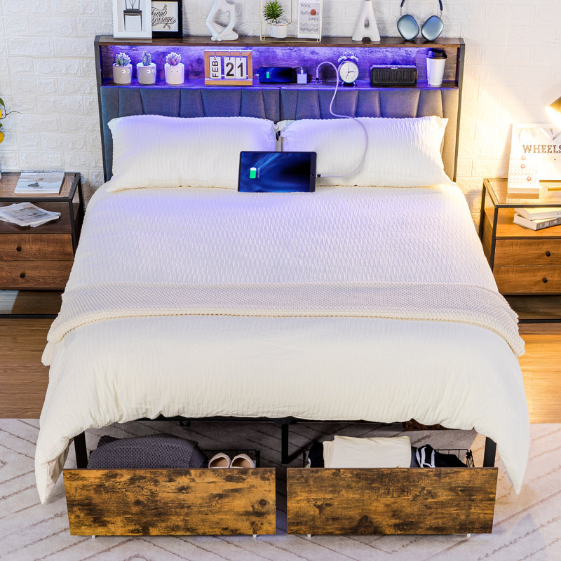 Bed Frame with Storage Headboard, Metal Platform Bed Frame with 2 Footboard Drawers, Built in Charging Station & LED, Noise-Free/Metal Support/No Box Spring Needed,