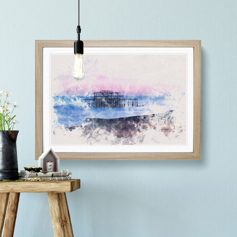 West Pier Brighton Beach Watercolour - Picture Frame Graphic Art Print, Oak Framed, 36cm H x 48cm W x 2cm D