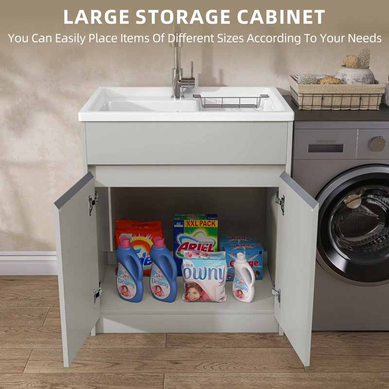 Freestanding 30'' Light Grey Laundry Sink Cabinet with Hot & Cold Water Faucet Drop-in Solid Surface Utility Sink