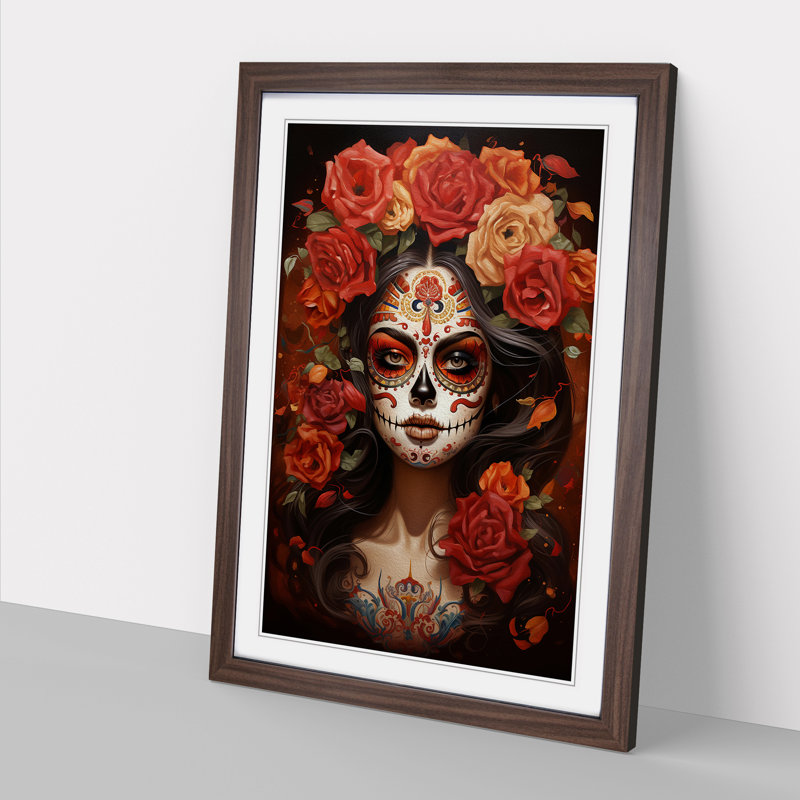 Sugar Skull Classicism - Single Picture Frame Print on Wood, Walnut, 46cm H x 34cm W x 2cm D