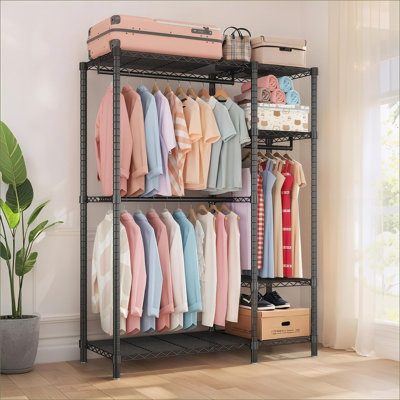  Heavy Duty Freestanding Matte Black Metal Clothing Rack, Adjustable Portable Closet Organizer with 6 Shelves and 3 Hanging Rails