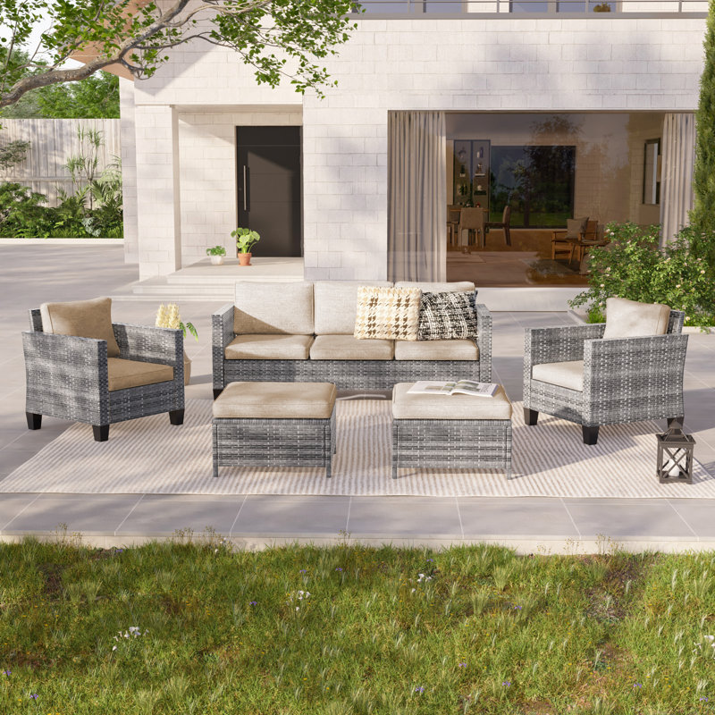 Konami 5-Piece PE Rattan Wicker Patio Conversation Set with Cushions & Ottomans, All-Weather Outdoor Furniture Set for Deck Backyard Garden