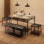 Table de salle à manger avec bancs, ensemble de table de cuisine pour 4 personnes, ensemble de table de salle à manger avec banc rembourré et tabourets carrés, ensemble de table de salle à manger en métal et bois pour 4 avec rangement pour petit esp-1148727575