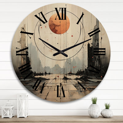 Full Moon Revelations Vintage Illustration - Abstract Landscape Oversized Wood Wall Clock