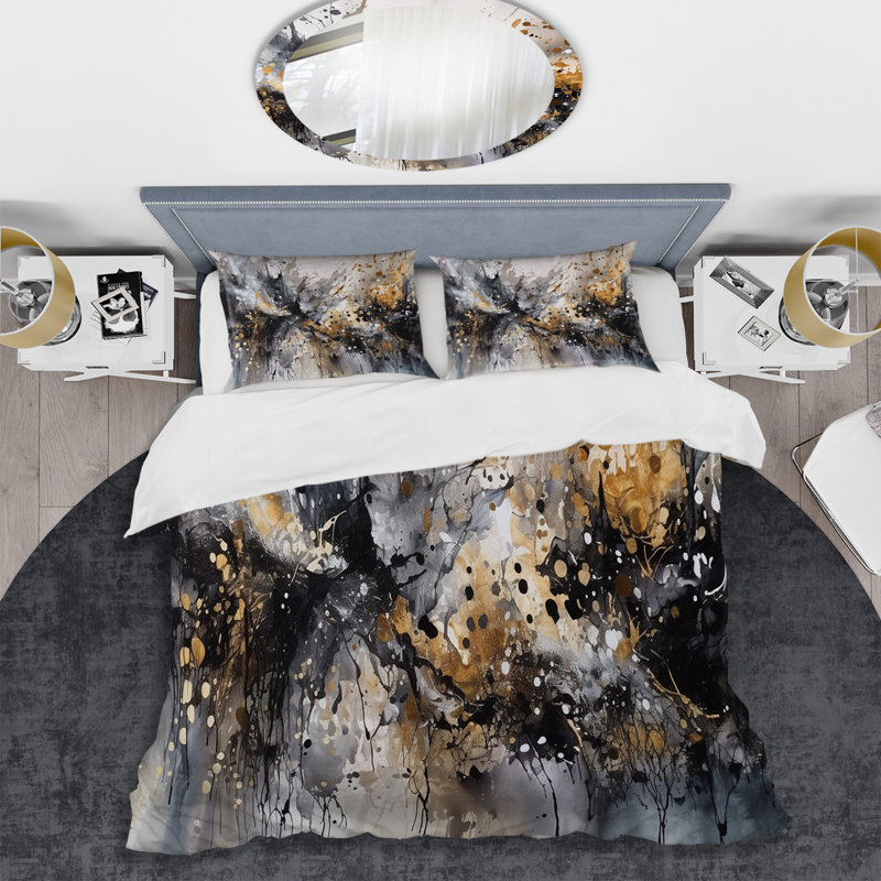 Twin Gray and Gold Abstract Brushstrokes Microfiber Duvet Cover Set