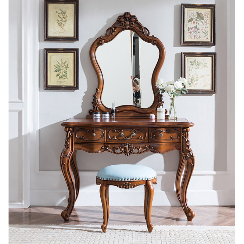 American-Style All-Solid Wood Light Luxury Carved Makeup Vanities