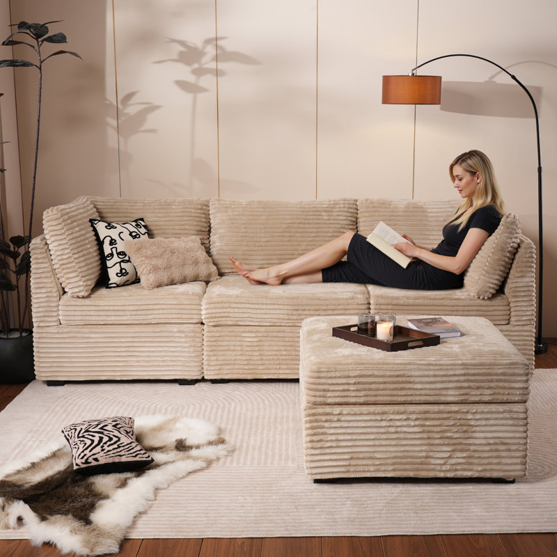  Cloudelle 98.1" Modular Sectional, L Shaped Minimalist Couches With Ottoman Chaise, 4 Seats Modern Deep Seat Cloud Plush Corduroy Sofa Set For Living Room