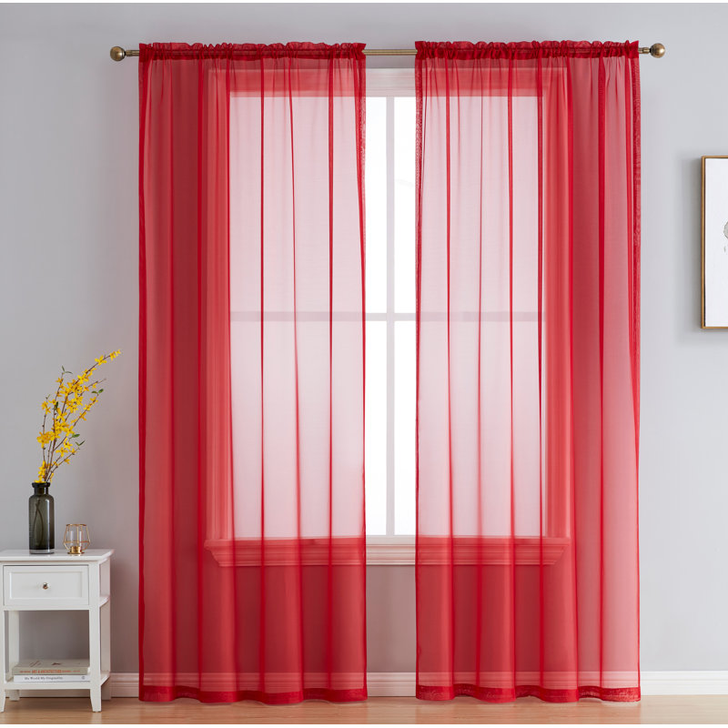 Daxin Sheer Voile Rod Pocket Curtain Panels, Red, 54" W x 72" L