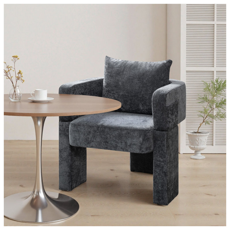 Chaise de salle à manger moderne en chenille à 3 pieds avec accoudoirs ergonomiques et coussin amovible - Chaise d'appoint confortable pour le salon, la chambre à coucher et le bureau, gris