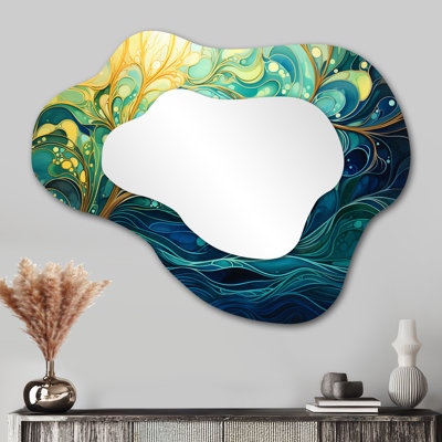 Encre brillante verte et jaune II - Collages abstraits de formes asymétriques - Grand miroir mural moderne