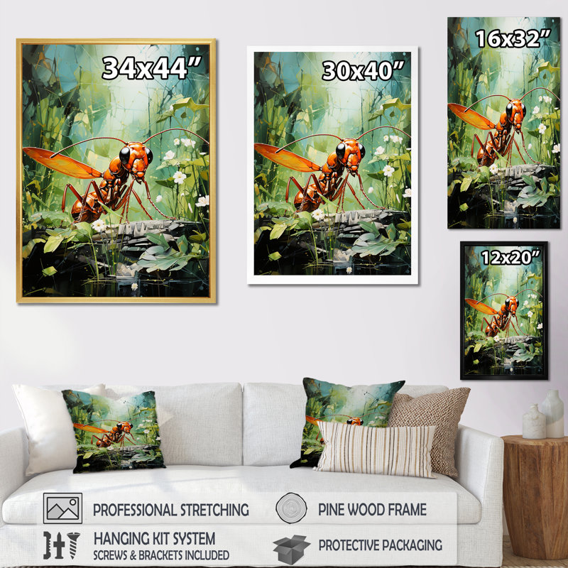 «Verdant Explorer Red Ant» sur toile, Cadre doré simple, H 40 po x l 30 po x P 1,5 po