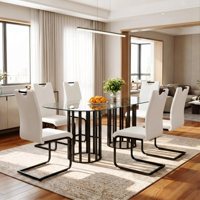 71" Modern Round Dining Table Set for 6, Tempered Glass Dining Table with Metal Pedestal & Faux Leather Chairs