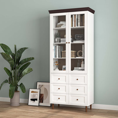 White MDF Tall Kitchen Pantry Cabinet with Glass Doors and Adjustable Shelves for Versatile Storage