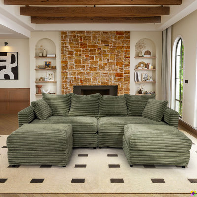 Gus 102.4"W 4-Piece 4 Seaters Convertible LAF RAF U-shape Corduroy Sectional, 2 Ottomans