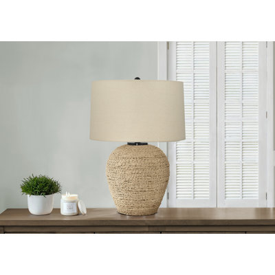 Table Lamp, Beige Shade, Boho Rattan Woven Ginger Jar Body, 25 Inch