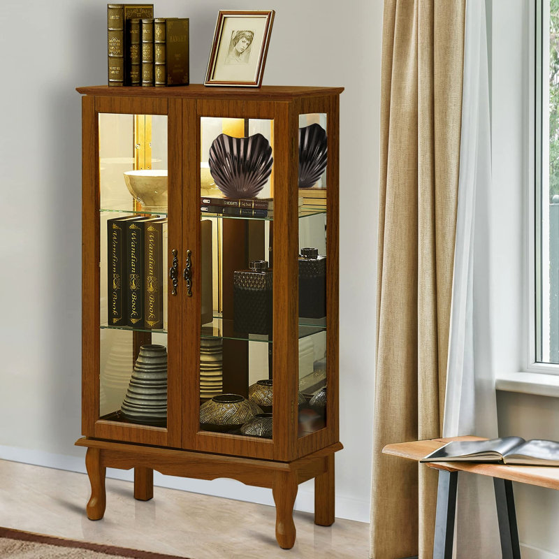 Vitrine classique en chêne avec portes en verre trempé et tablettes réglables à 3 niveaux, Chêne