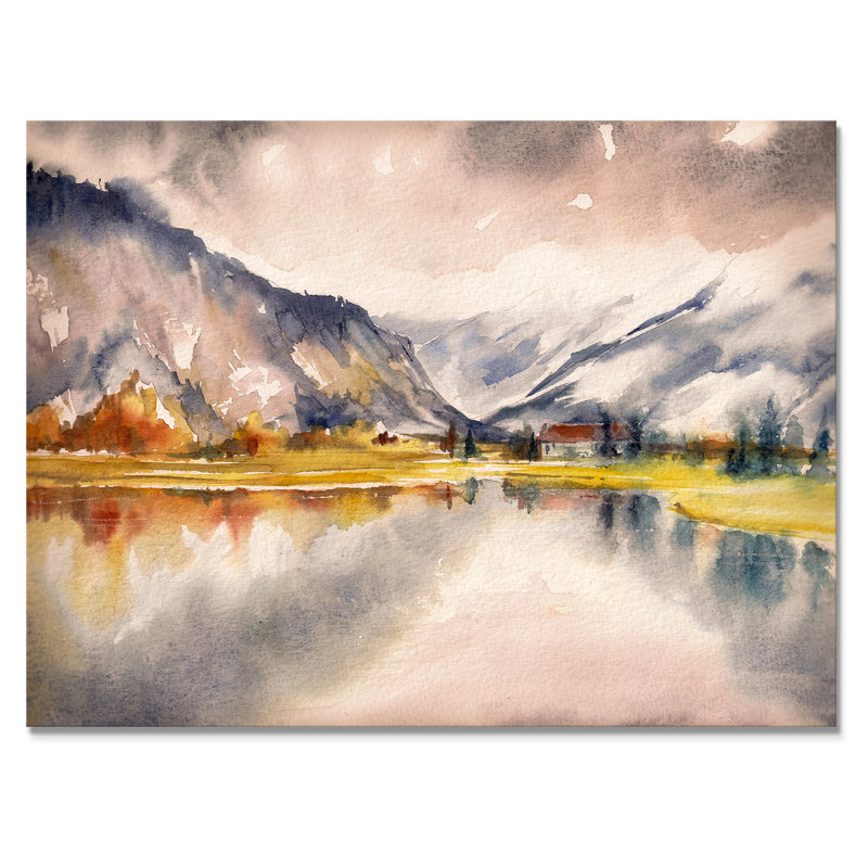 Paysage d'automne avec le ciel reflété sur le lac - Peinture sur toile, H 16 po x l 32 po, Toile tendue