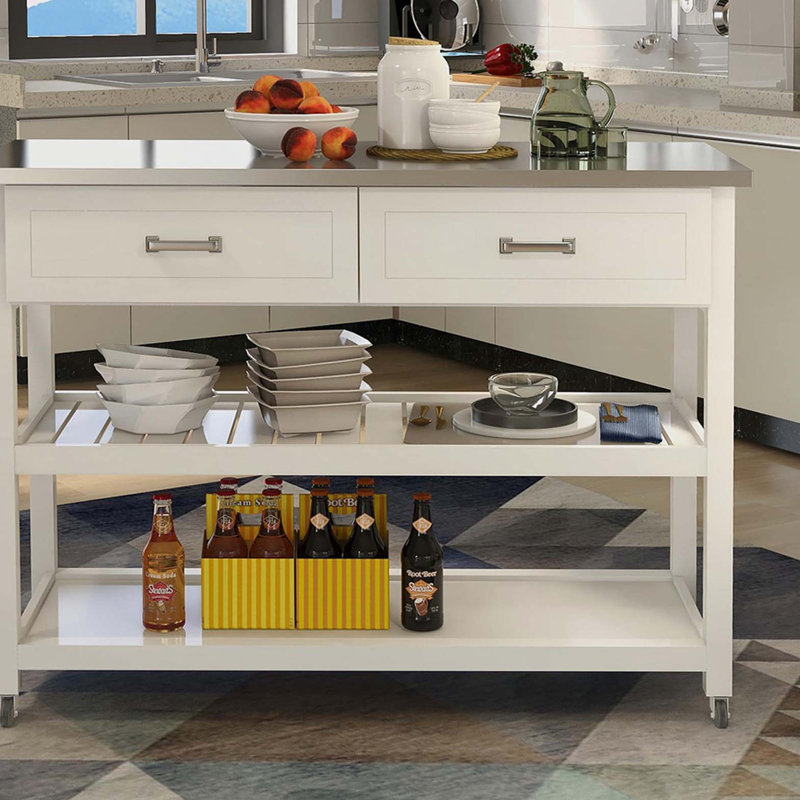 Chariot Kicthen blanc avec deux tiroirs et plateau en acier inoxydable