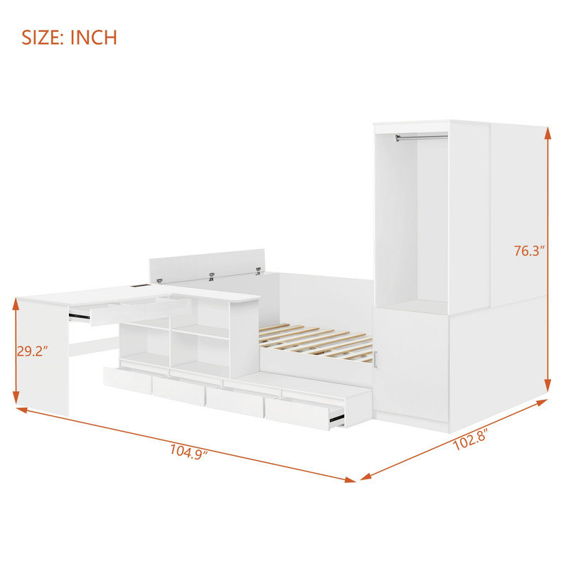 Lit plateforme double en bois avec 6 tiroirs, tablettes et coiffeuse, Blanc