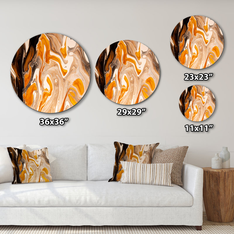 Brun, orange, blanc, marbre gris et art - cercle moderne en métal, art mural, H 29 po x l 29 po