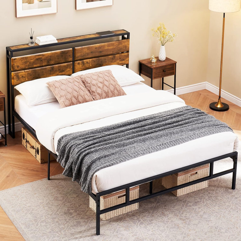 Bed Frame With Vintage Wood Headboard & Footboard, Full