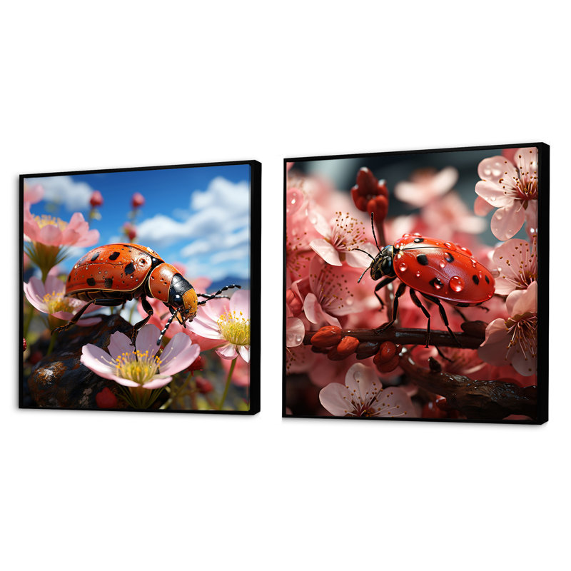 «Crimson Landbug Flower Wanderers», ensemble de 2 insectes et insectes carrés, Cadre flottant noir, H 30 po x l 61 po
