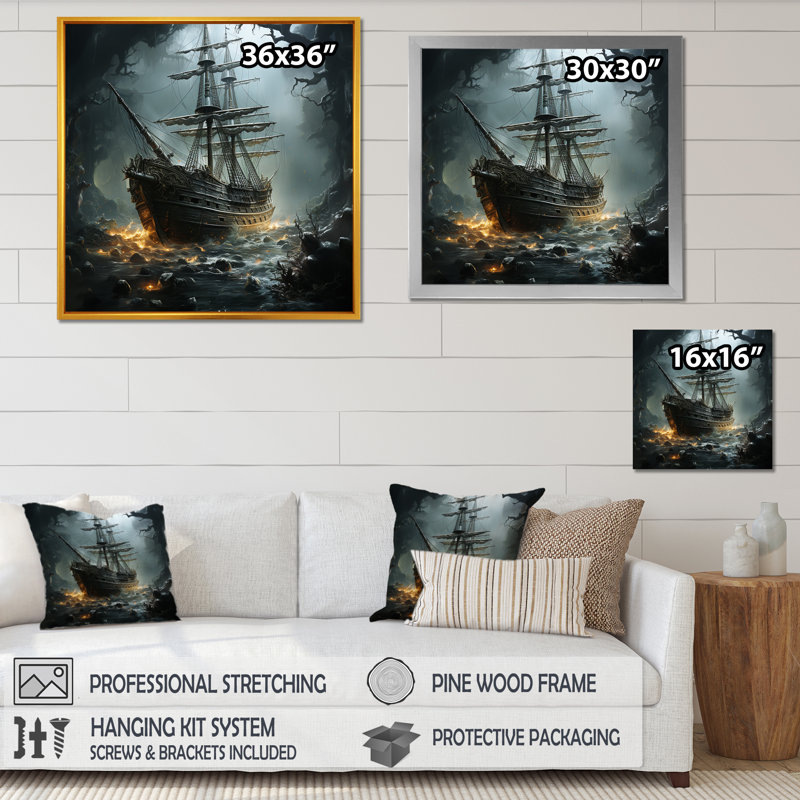 Naufrage pirate 2 - art mural pirate, H 30 po x l 30 po x P 1,5 po, Cadre flottant blanc