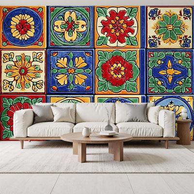 Papier peint auto-adhésif à carreaux de céramique talavera mexicain H 69 po x l 96 po, papier peint amovible en PVC, adhésif pour décor de chambre à coucher