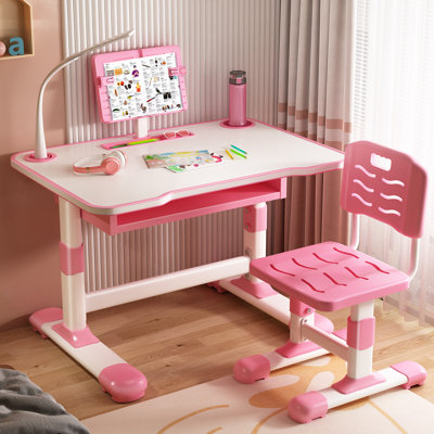 Ensemble de bureau et de chaise pour enfants, réglable en hauteur, grand bureau d'écriture avec lampe à DEL et bibliothèque (rose)