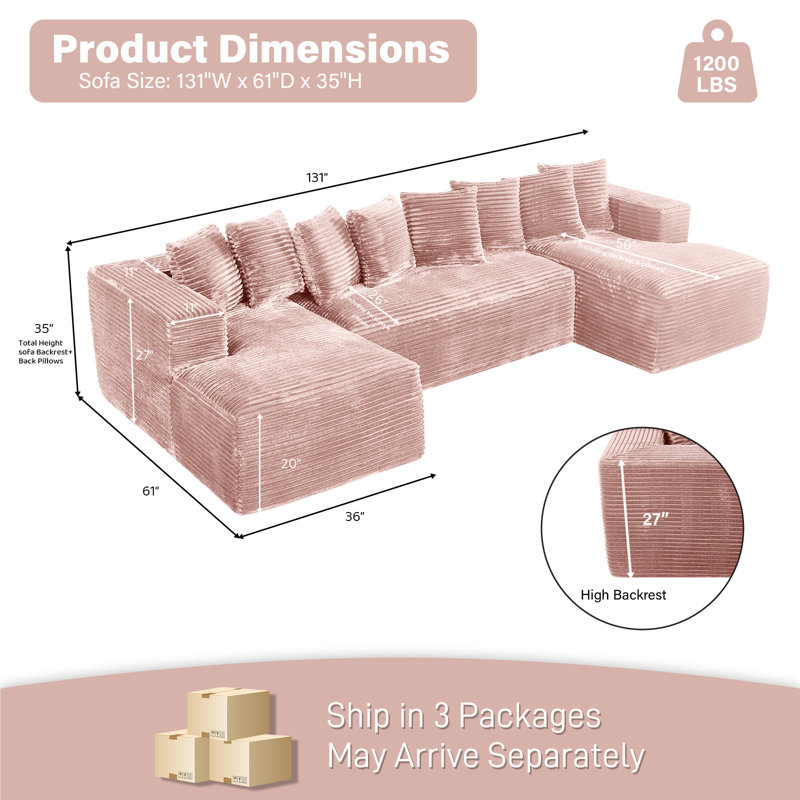 Canapé modulaire surdimensionné avec coussins Adame Boneless Compression, En form de U, Symétrique, Velours côtelé rose