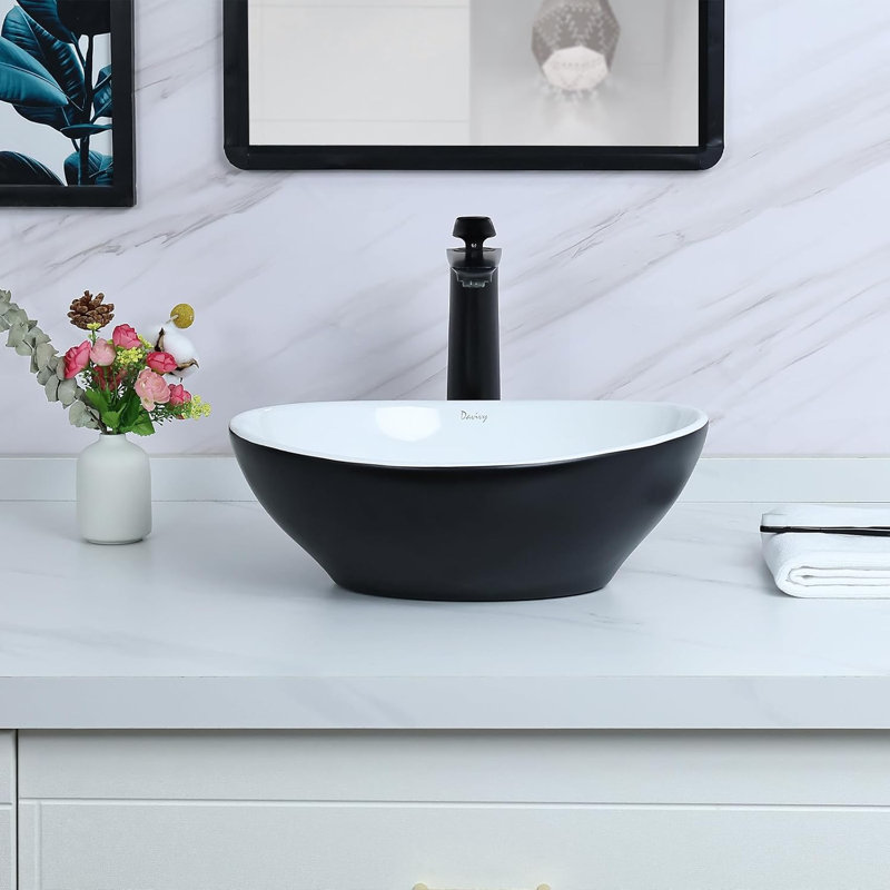 Davivy 15.7'' X 13.4'' Matte Black Oval Vessel Sink With Pop Up Drain Bathroom Vessel Sinks Ceramic Vessel Sink