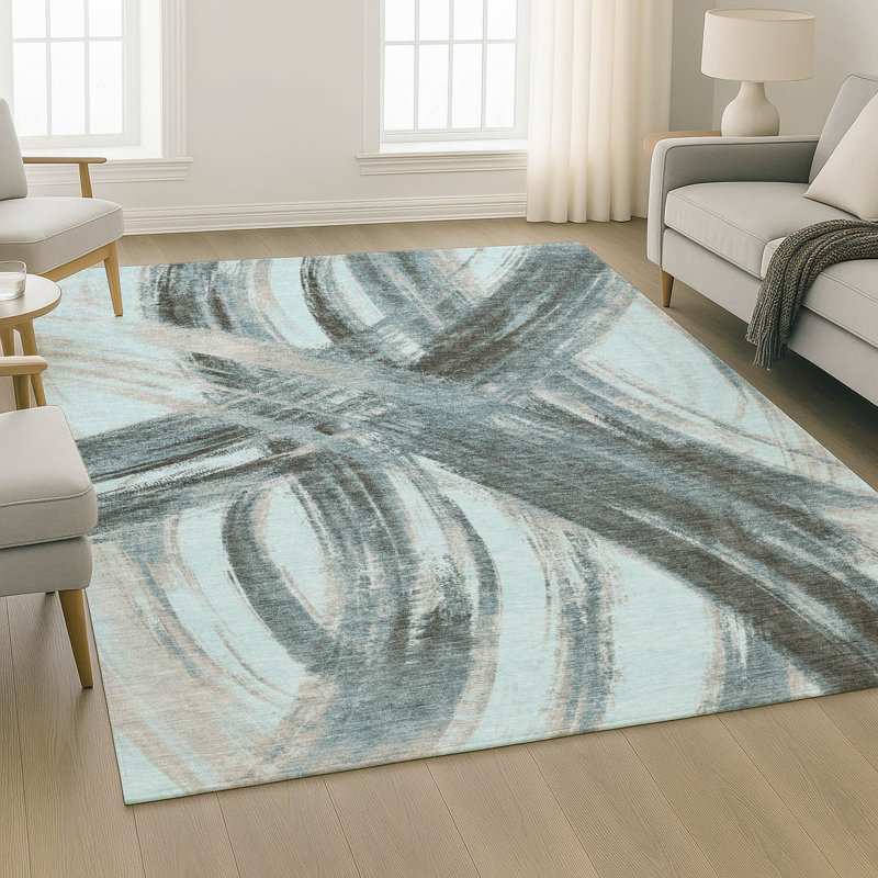 Premium Machine Washable Mayfield AMF2421 Abstract Rug, Teal, 3' x 5'