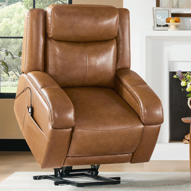 Dual Motor Top Grain Leather Power Lift Recliner with Massage and Heat and Power Headreat, Saddle