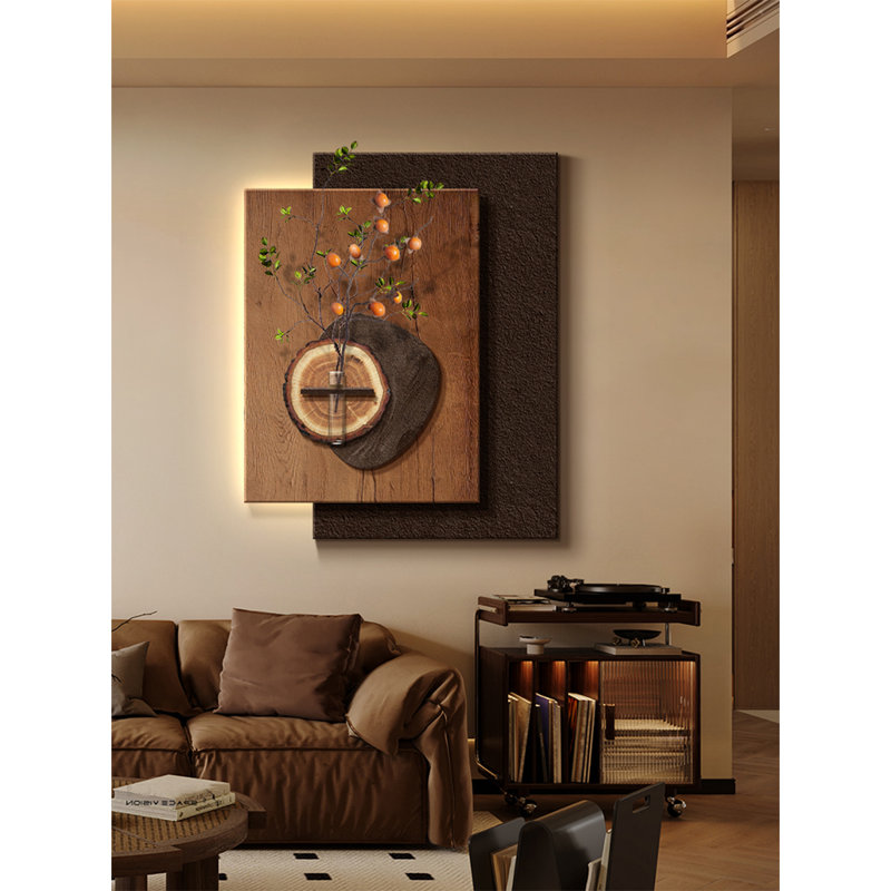 Art mural Mid-Century 3D avec vase d'eau et DEL - Décoration en bois rustique, H 31,5 po x l 25,59 po x P 4,72 po