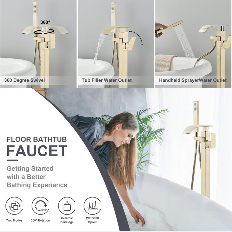 Robinet de baignoire autoportant Mosson en or brossé, robinet de baignoire carré à fixation au sol avec poignée à levier unique, sortie d'eau double et douche à main en laiton massif