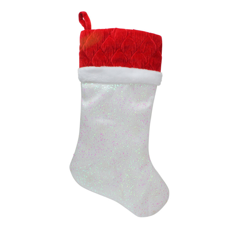 22.25" White Iridescent Glittered Christmas Stocking with Red Velveteen Cuff