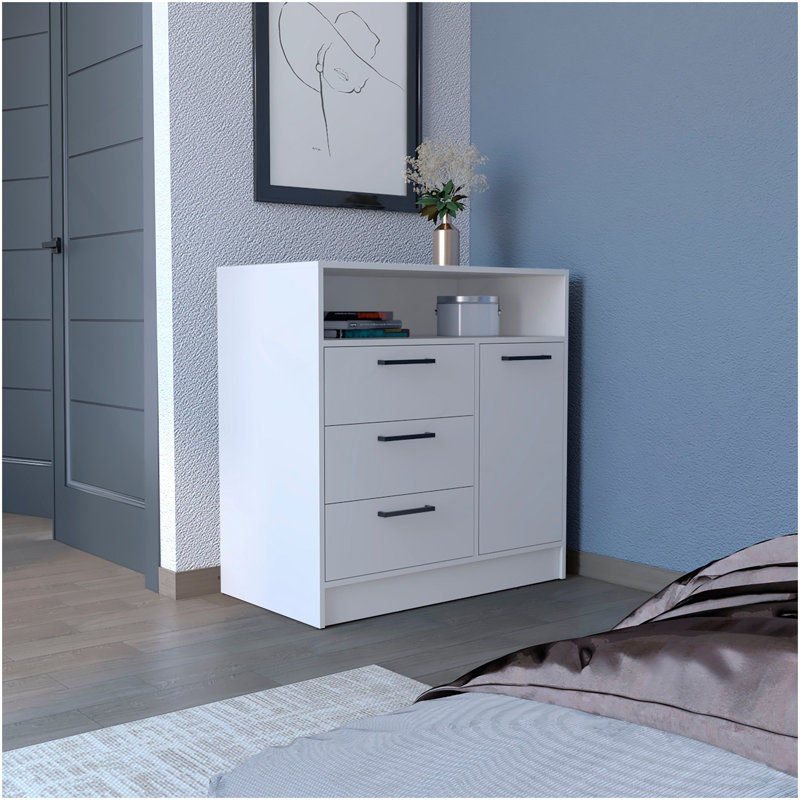 Commode avec armoire de rangement spacieuse à 3 tiroirs et à une porte, blanc