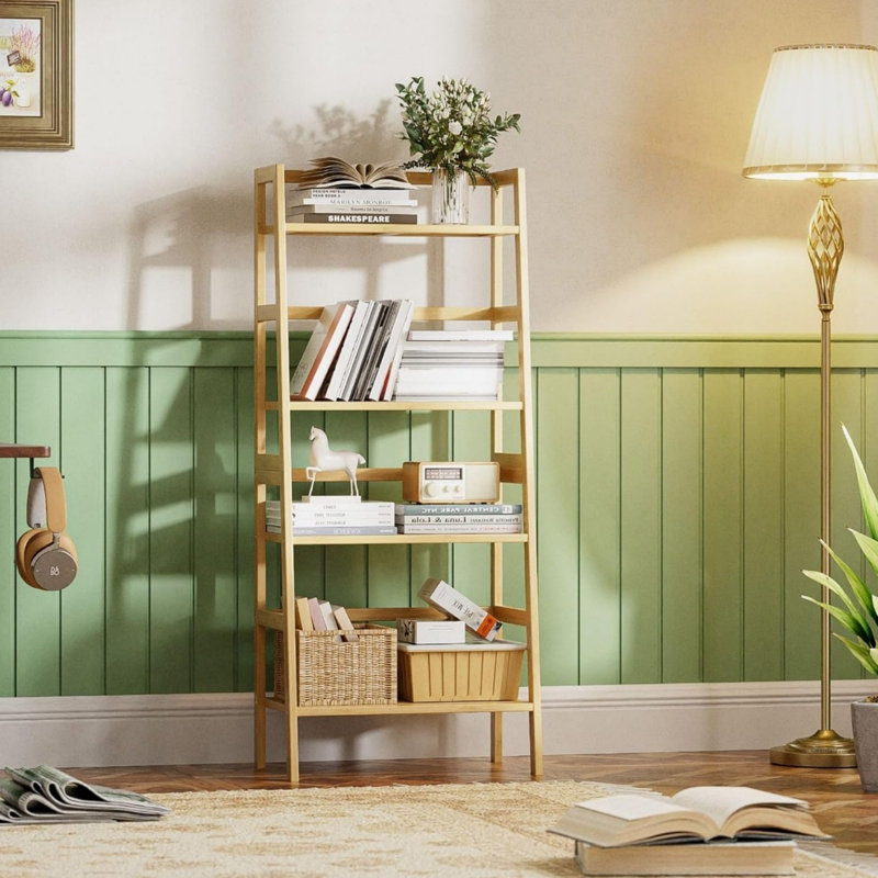125 cm H x 53 cm W Bamboo / Rattan Ladder Bookcase, Beige