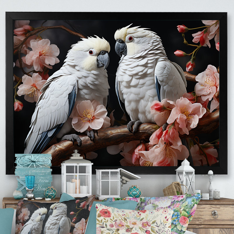 Harmonics de la jungle blanche perroquets, Cadre photo noir simple, H 34 po x l 44 po x P 1,5 po