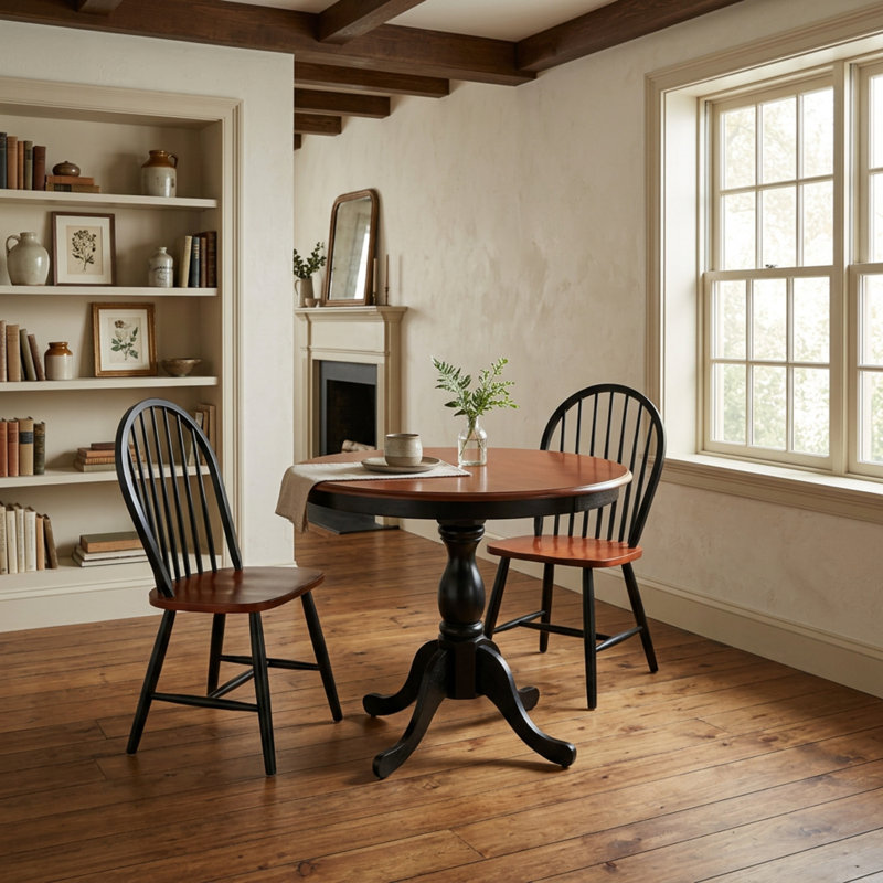 Ensemble de salle à manger rond 3 pièces en bois d'hévéa, cerisier noir et lin, avec pied central et dossiers capitonnés.