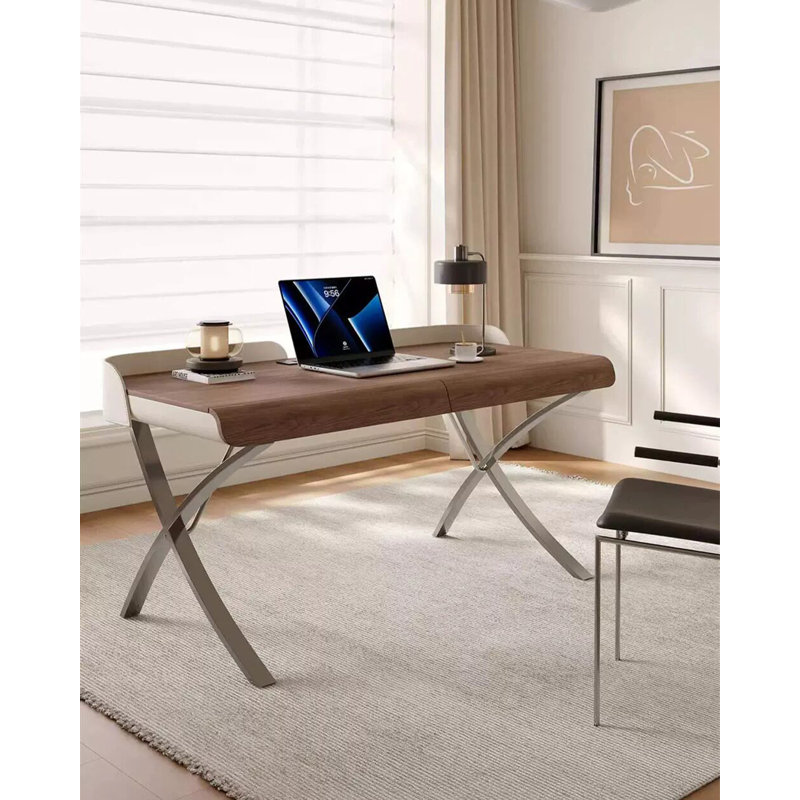 Bureau moderne en noyer avec pieds croisés en acier inoxydable, 33.86" H x 47.24" W x 27.56" D, Brun / Argenté