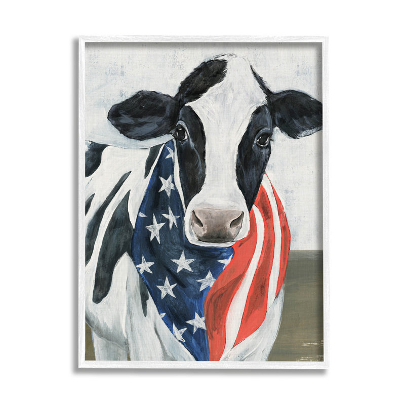 Vache à la ferme, drapeau américain, giclée par Annie Warren, H 20 po x l 16 po x P 1,5 po, Giclée encadrée blanc bord de mer