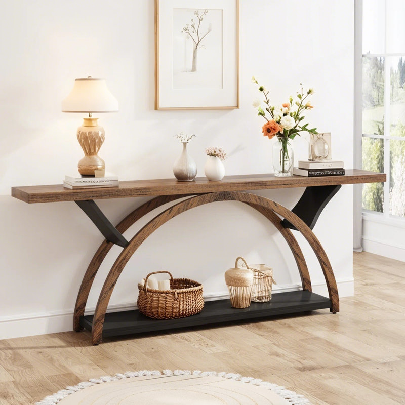 2-Tier Console Table, 70.86" Entryway Table with Half Moon Frame, Brown