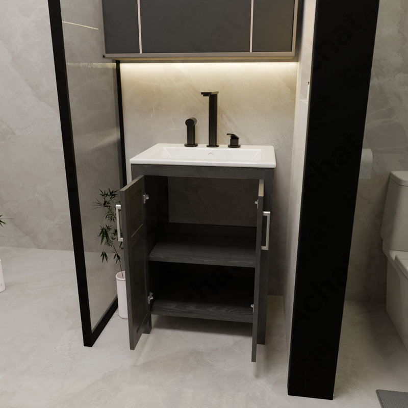 Meuble-lavabo avec lavabo, meuble-lavabo noir 24 po avec robinet en céramique blanc et ensemble de bonde escamotable