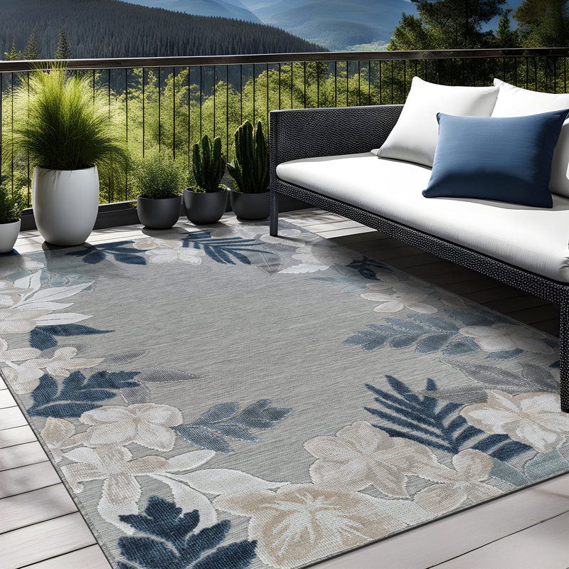 Tapis floral d'intérieur pour l'extérieur, Blue, Rectangle 10' x 14'