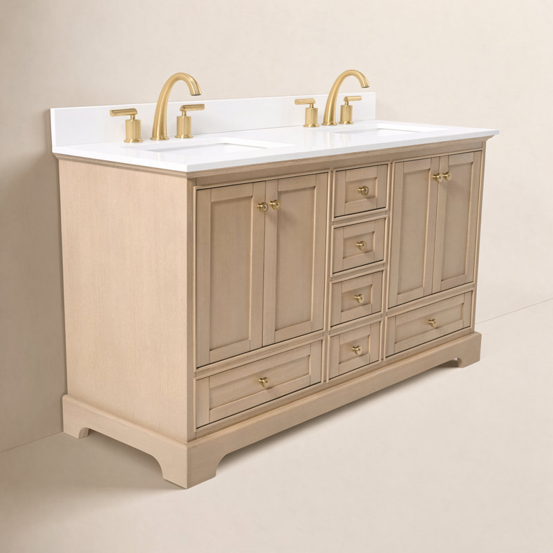 Ensemble de meuble-lavabo double 60 po Varna, Chêne / or rose, Quartz blanc pur