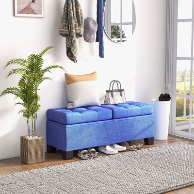 46" Storage Ottoman Bench, Upholstered End Of Bed Bench With Steel Frame, Button Tufted Storage Bench With Safety Hinges For Living Room, Entryway, Bedroom, Blue