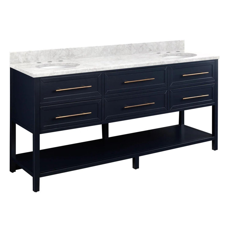 72" Robertson Double Bathroom Vanity Set with Oval Undermount Sinks, Midnight Navy Blue, Carrara Marble, 8" Widespread