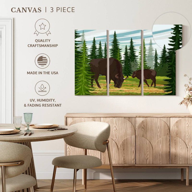 Brampt broutant bison et veau, H 20 po x l 33 po